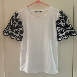 Tahari White Top with Black Embroidered Sleeves